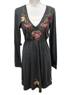 Johnny Was JW Los Angeles Gray Embroidered Boho Mini Dress - Medium
